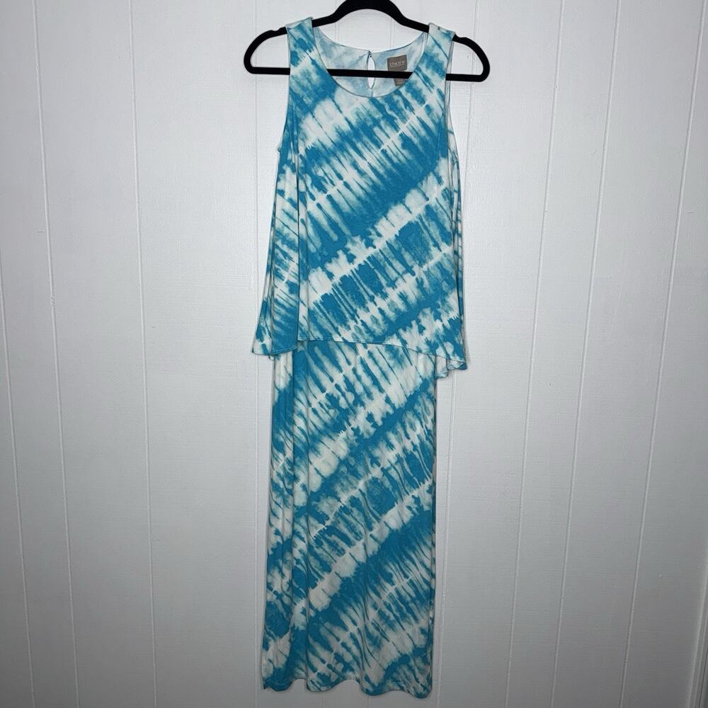 Chico’s Women’s Jersey Tie Dye Maxi Dress Sleeveless Blue White Size O, Small